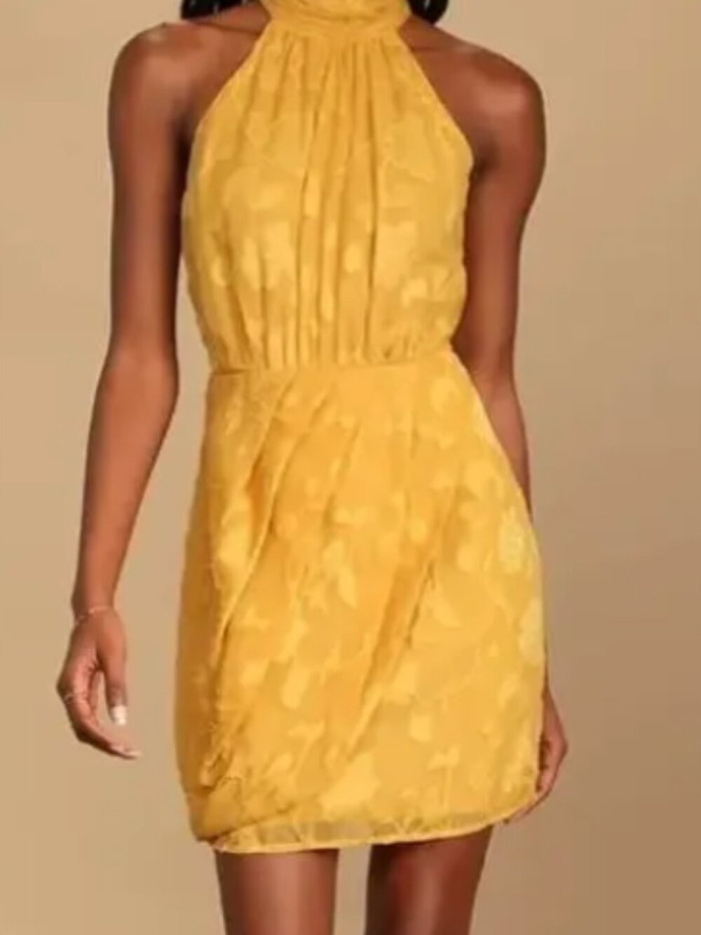 Lulus Chic Demeanor Yellow Floral Jacquard Halter Mini Dress (Size: XS)